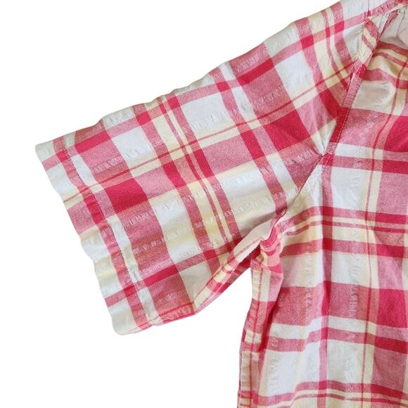 Woman Within Plaid Shirt 1X 22 24 Pink White Yellow Short Sleeve Roll Tab Check - Picture 3 of 9